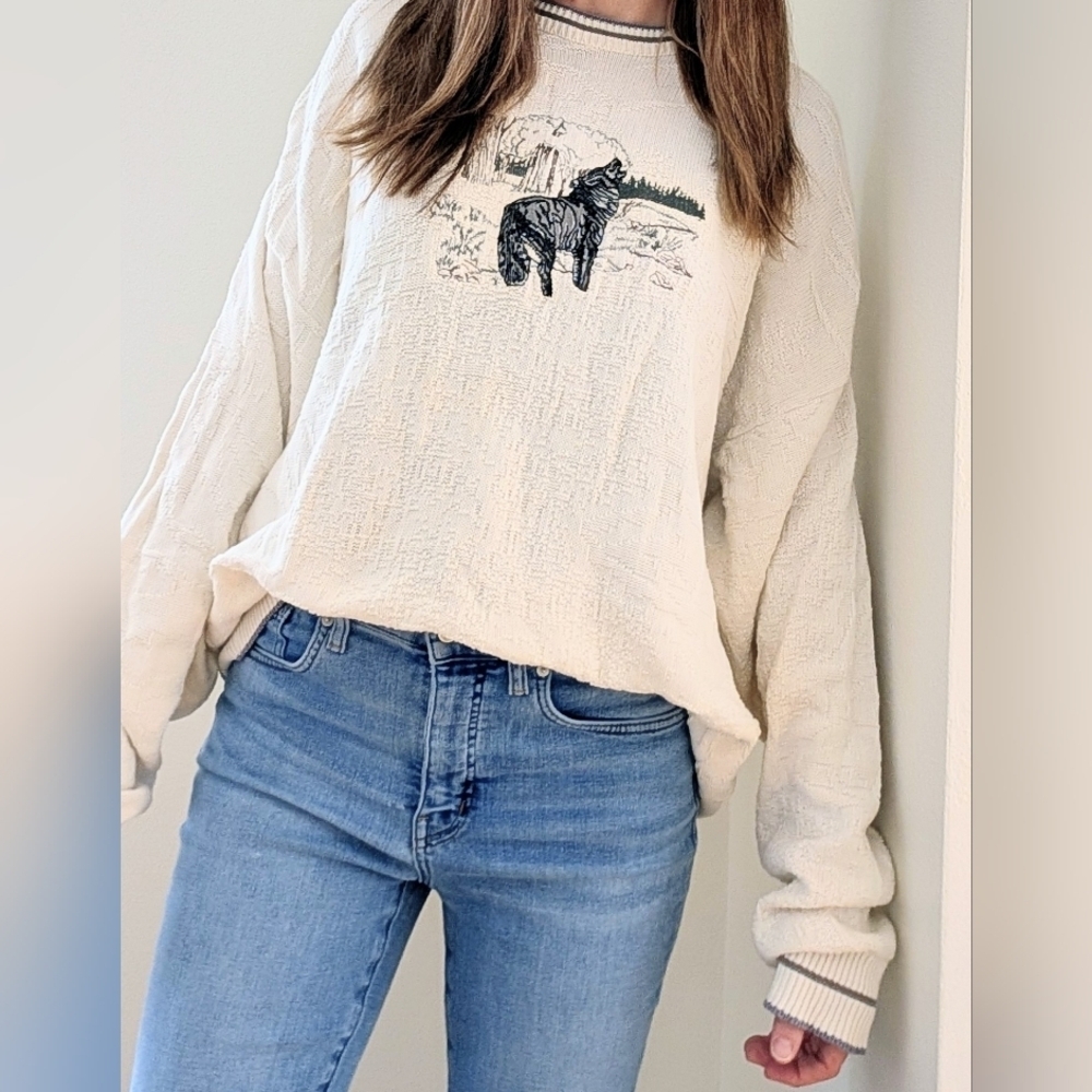 Vintage Embroidered Wolf & Forest Chunky Textured Crewneck Sweater In Ivory